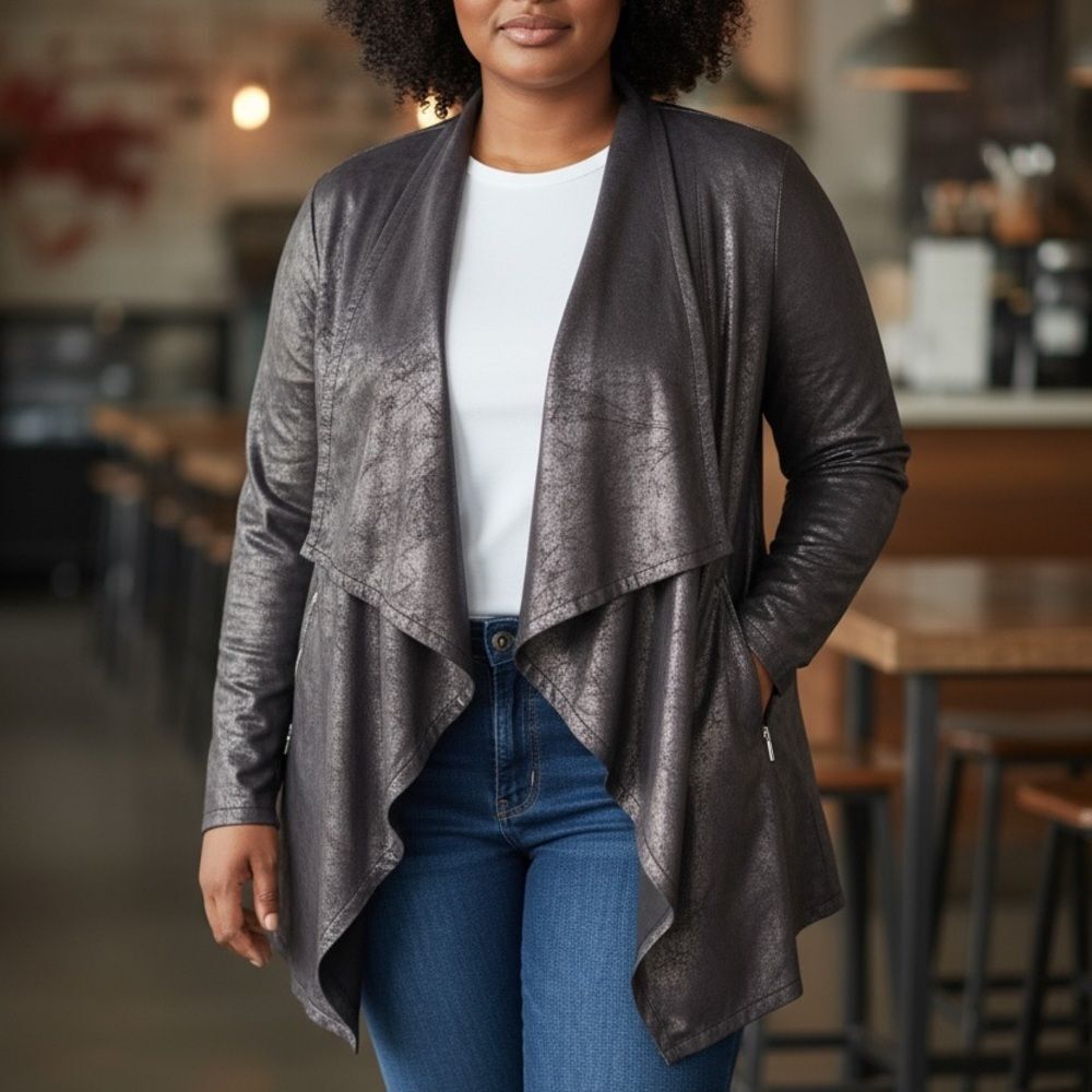 Dex Open Front Faux Leather Dress Jacket Drape Cardigan